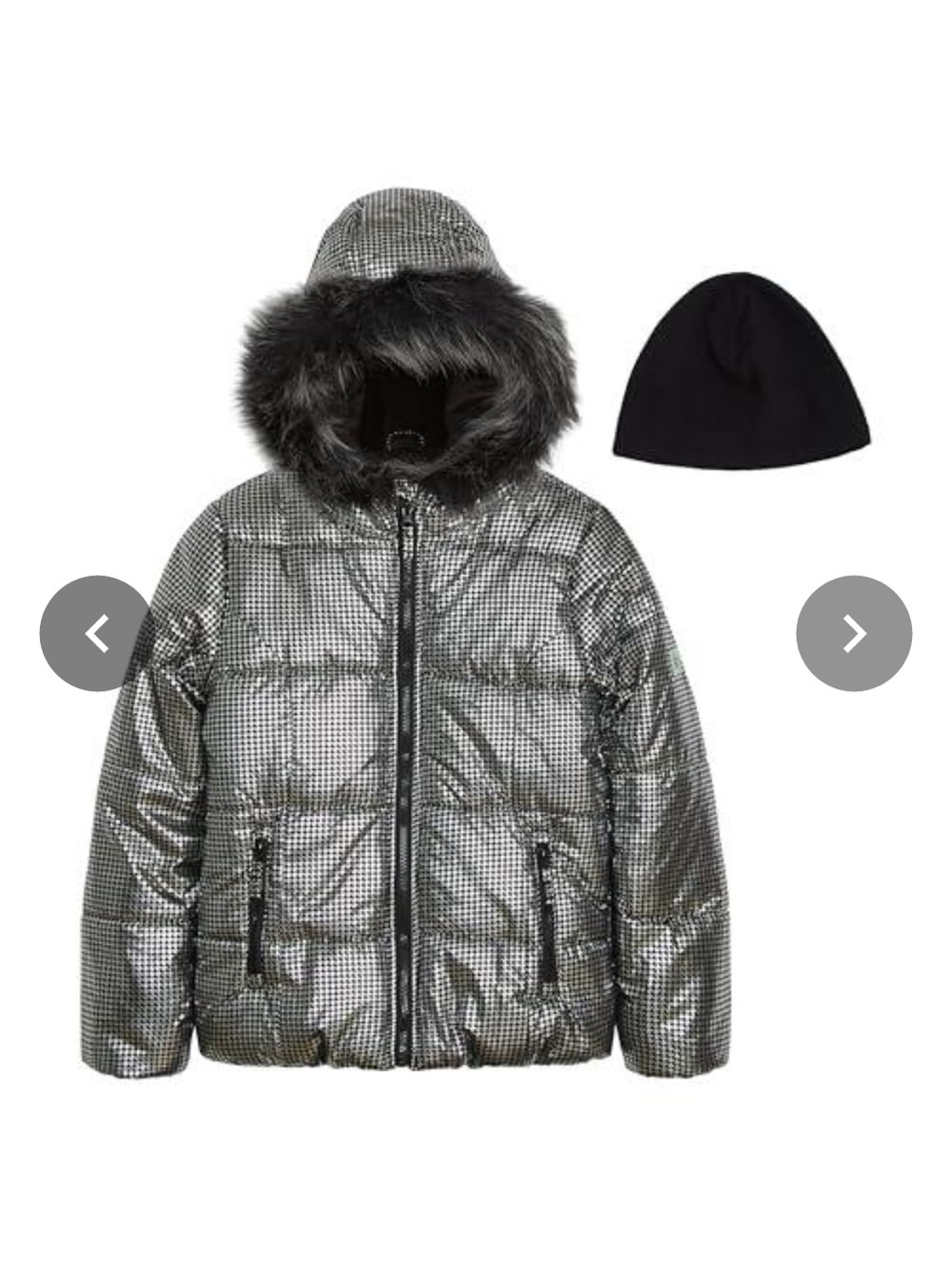 London Fog Metallic Silver Puffer Jacket with Faux-Fur Trim and Black Beanie